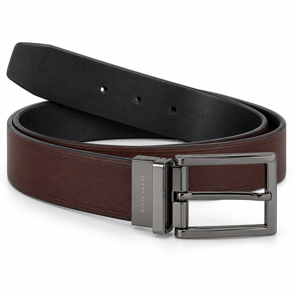 Perry Ellis Mens Reversible Belt Brown Black Gunmetal Buckle Size 38-40